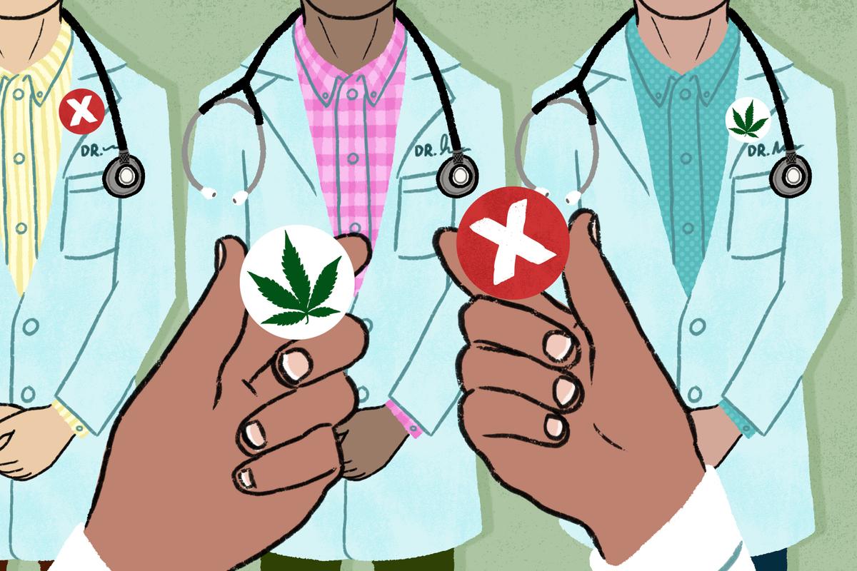 An illustration of three doctors, with a hand holding two tokens, one of a red X and one of a marijuana leaf.