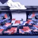 Illustration of a hand inserting a white ballot into a dark ballot box filled with colorful geometric shapes.