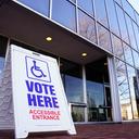 A voting sign outside Allentown Public Library in Lehigh County, Pennsylvania.