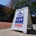 A voting location sign is displayed outside Allentown Public Library in Lehigh County, Pennsylvania.