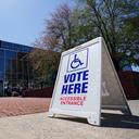 A voting location sign is displayed outside Allentown Public Library in Lehigh County, Pennsylvania.