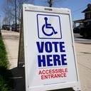 A voting location sign is displayed outside Christ Lutheran Church in Allentown, Lehigh County, Pennsylvania.