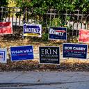 Campaign signs are shown outside Kirby Sports Center on Nov. 5, 2024, in Easton, Northampton County, Pennsylvania.