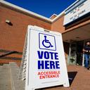 A voting sign is displayed Nov. 5, 2024, at Sheridan Elementary School in Allentown, Lehigh County, Pennsylvania.