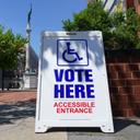 A “Vote Here” sign is shown May 19, 2026, at Lehigh County Government Center in Allentown, Lehigh County, Pennsylvania.