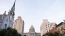 The view of the Pennsylvania Capitol in Harrisburg from State Street.