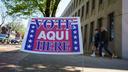 A voting location sign is seen on primary Election Day 2024 at Bethlehem City Hall in Northampton County, Pennsylvania.