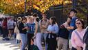 Students wait in line to vote Nov. 5, 2024, outside Kirby Sports Complex in Easton, Northampton County, Pennsylvania.