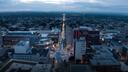 An aerial photo of downtown Allentown, Pennsylvania, at dusk.