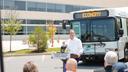 Gov. Josh Shapiro speaks in front of a bus from Lehigh Valley transit agency LANTA.