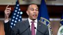 House Minority Leader Hakeem Jeffries, D-N.Y., speaks to reporters ahead of an address by President Donald Trump, Thursday, July 16, 2026, at the Capitol in Washington.
