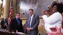 Pennsylvania House Speaker Mark Rozzi is pictured with state Reps. Bryan Cutler and Joanna McClinton.