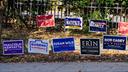 Campaign signs are shown outside Kirby Sports Center on Nov. 5, 2024, in Easton, Northampton County, Pennsylvania.