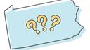 An outline of Pennsylvania with 3 question marks in the center