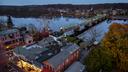 Aerial view of New Hope, Pennsylvania, Lambertville, New Jersey, and the Delaware River.