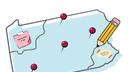 An illustration of a pencil drawing a squiggly line on a map of Pennsylvania that has sticky notes and pushpins stuck to it.
