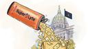 Illustration of an orange vodka cocktail can pouring liquid and dollar bills into an overflowing container in front of the Pennsylvania State Capitol.