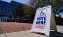 A voting location sign is displayed outside Allentown Public Library in Lehigh County, Pennsylvania.