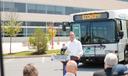 Gov. Josh Shapiro speaks in front of a bus from Lehigh Valley transit agency LANTA.