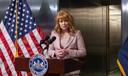 Stacy Garrity speaks during an April, 2026 event on unclaimed property at Treasury's vault.