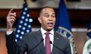 House Minority Leader Hakeem Jeffries, D-N.Y., speaks to reporters ahead of an address by President Donald Trump, Thursday, July 16, 2026, at the Capitol in Washington.