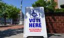 A “Vote Here” sign is shown May 19, 2026, at Lehigh County Government Center in Allentown, Lehigh County, Pennsylvania.