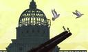 An illustration of a gun adorned with dollar signs aiming at pigeons flying from the Pa. Capitol.