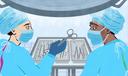 An illustration of two people looking at surgical tools.
