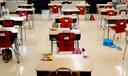 Desks are arranged in a classroom at an elementary school in Nesquehoning, Pa., March 11, 2021.
