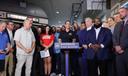 Gov. Josh Shapiro, fellow Democrats, SEPTA officials, and others call for transit funding in Philadelphia in August, 2025.