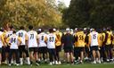 Pittsburgh Steelers players huddle during football practice ahead of their game against the Minnesota Vikings in Dublin.