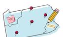 An illustration of a pencil drawing a squiggly line on a map of Pennsylvania that has sticky notes and pushpins stuck to it.