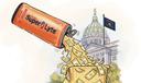 Illustration of an orange vodka cocktail can pouring liquid and dollar bills into an overflowing container in front of the Pennsylvania State Capitol.