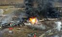 This photo taken with a drone shows portions of a Norfolk and Southern freight train, Feb. 4, 2023, that derailed in East Palestine, Ohio.