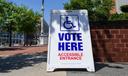 A “Vote Here” sign is shown May 19, 2026, at Lehigh County Government Center in Allentown, Lehigh County, Pennsylvania.