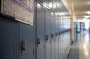 A row of lockers at Bennetts Valley Elementary School in Weedville, Pennsylvania on April 5, 2023.