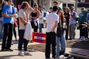Students wait in line to vote Nov. 5, 2024, outside Kirby Sports Complex in Easton, Northampton County, Pennsylvania.