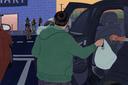 An illustration of a person in a green sweatshirt handing a grocery bag to someone in a car as ICE agents stand in front of a grocery store. An illustration of a person in a green sweatshirt handing a grocery bag to someone in a car as ICE agents stand in front of a grocery store.