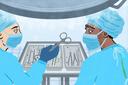 An illustration of two people looking at surgical tools.