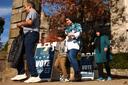 Voters walk past “Vote Here” signs at Temple Sinai in the Squirrel Hill neighborhood of Pittsburgh, PA, on Election Day on Nov. 5, 2024.