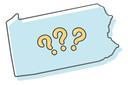An outline of Pennsylvania with 3 question marks in the center