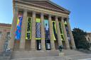 Banners for the "Rising Up: Rocky" exhibition hang outside of the Philadelphia Museum of Art in Philadelphia.