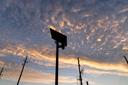 Silhouetted Flock Safety license plate reader against an orange-and-blue sunset sky, with utility poles and power lines below.
