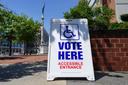 A “Vote Here” sign is shown May 19, 2026, at Lehigh County Government Center in Allentown, Lehigh County, Pennsylvania.