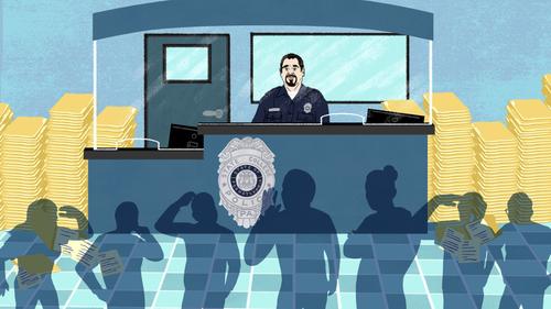 An illustration of a police officer behind an information desk with shadows looking confused in the foreground.