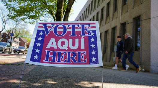 A voting location sign is seen on primary Election Day 2024 at Bethlehem City Hall in Northampton County, Pennsylvania.