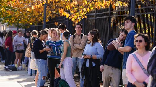 Students wait in line to vote Nov. 5, 2024, outside Kirby Sports Complex in Easton, Northampton County, Pennsylvania.