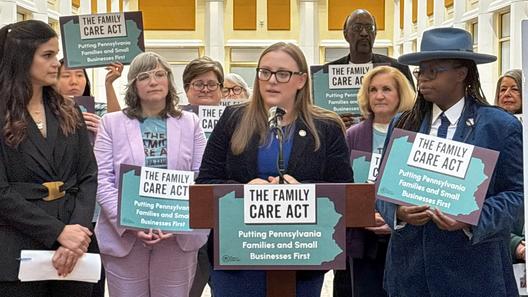 State Rep. Jen O'Mara speaks at a March event on paid family leave legislation.