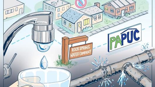 An illustration of water coming from a tap, houses, pipes, a Rock Spring Water Company sign, and a PUC sign.