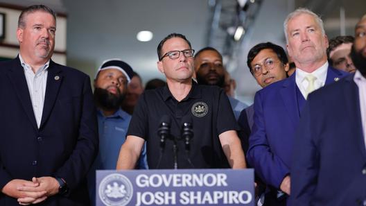 Gov. Josh Shapiro at an August 2025 news conference on public transit funding.